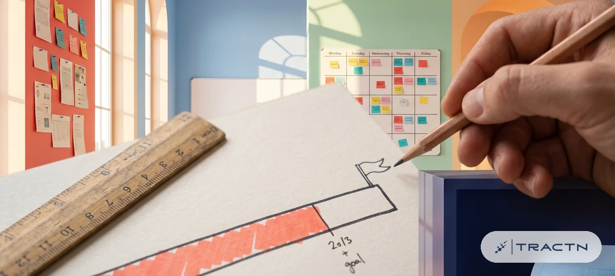 Close-up of a progress bar drawn on paper with a coloured marker, the fill stopping at about two thirds next to a small flag goal marker