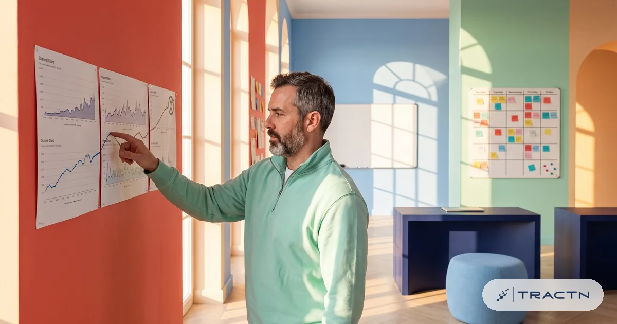 A man in his forties with a salt-and-pepper beard and a mint quarter-zip compares several printed channel charts pinned side by side on the coral wall
