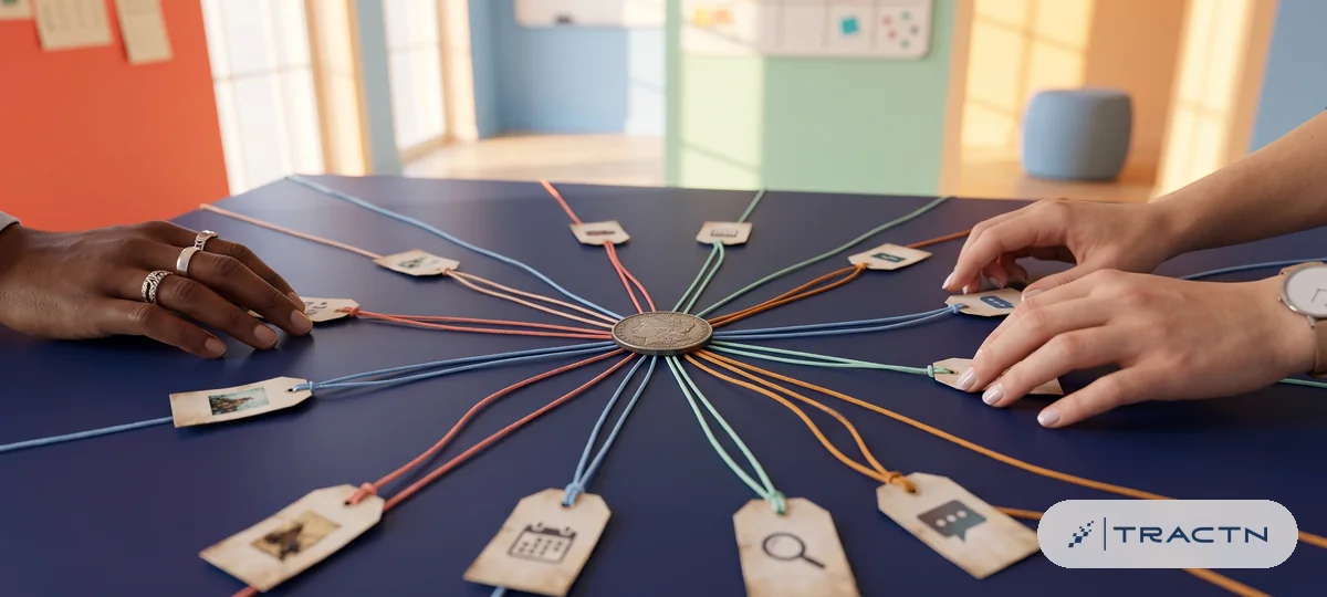 Close-up of several coloured threads converging from different directions onto one coin on the navy desk