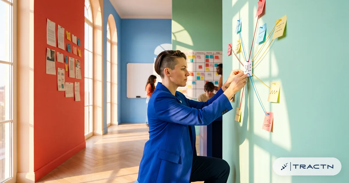 A woman in her thirties with a sharp undercut and a cobalt jacket connects coloured strings on the mint board from several channel cards (ads, email