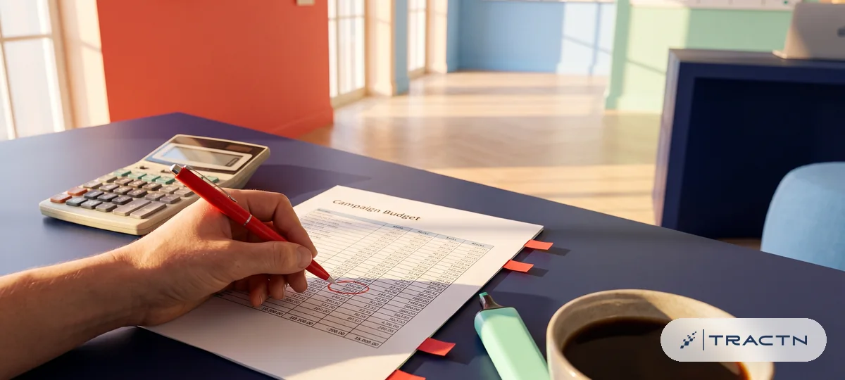 Close-up of a hand circling a figure on a printed campaign budget sheet beside a calculator, red flag tabs, a mint highlighter and coffee