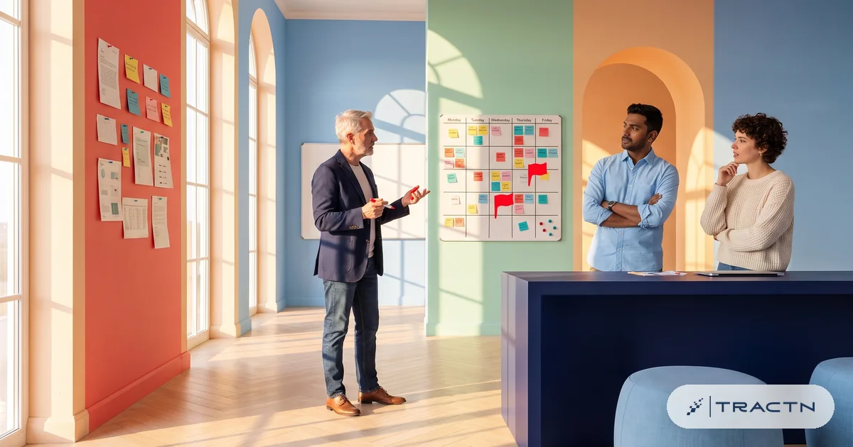 A grey-haired strategist with a red marker challenges a campaign plan pinned on a planning board marked with red risk flags, while two colleagues listen