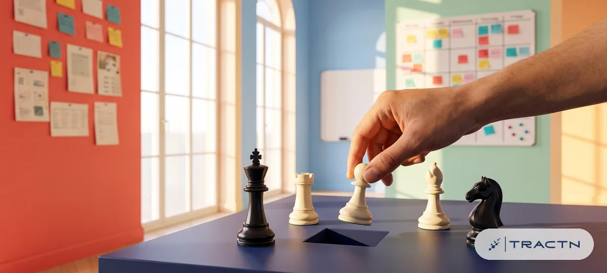 Close-up of four chess pieces on the navy desk arranged as rivals around a gap in the middle, a hand moving one piece into the empty space - spotting a market gap