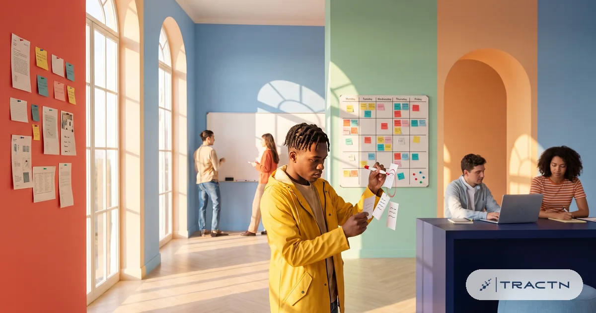 A young man in a yellow raincoat-style jacket with short twists stands at the planning board comparing his brand's card with three rival cards