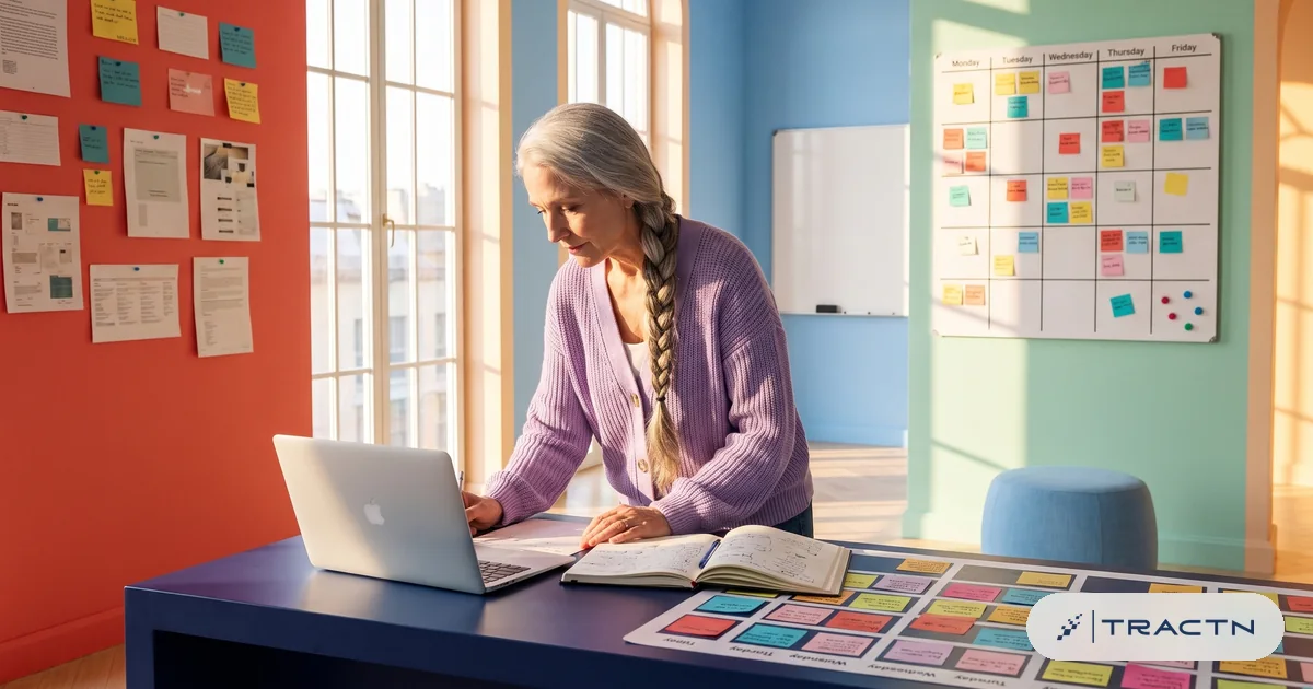 A writer in her fifties with long grey hair in a braid and a lavender cardigan works at the navy desk with an open notebook of briefs