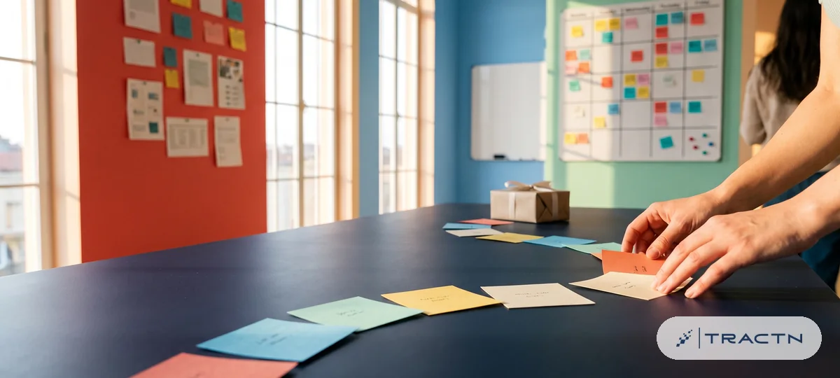 Close-up of stepping stones made of coloured paper cards leading across the navy desk to a small gift box - a structured path from follower to lead