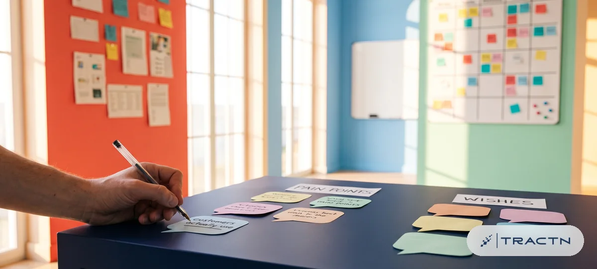 Close-up of several speech-bubble shaped paper notes on the desk sorted into two groups, pain points and wishes