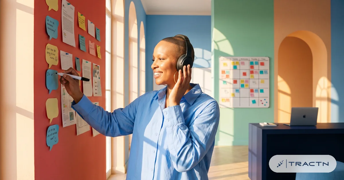 A friendly woman with a shaved head and big hoop earrings, sky-blue shirt