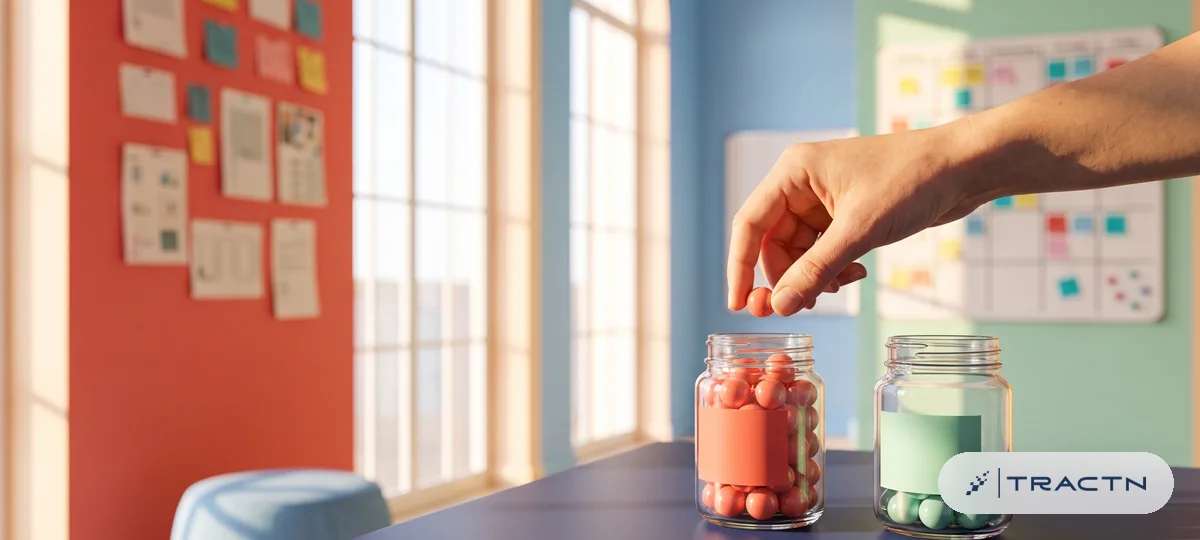Close-up of two small glass jars on the desk labelled only by colour, one filling with more coloured marbles than the other