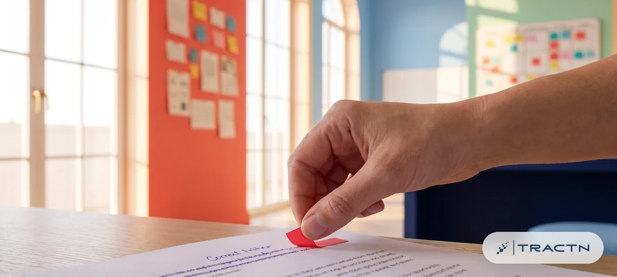 Close-up of a printed page with a red flag tab being removed by a hand while a corrected paragraph is written in blue ink above a struck-through line - fixing a flagged