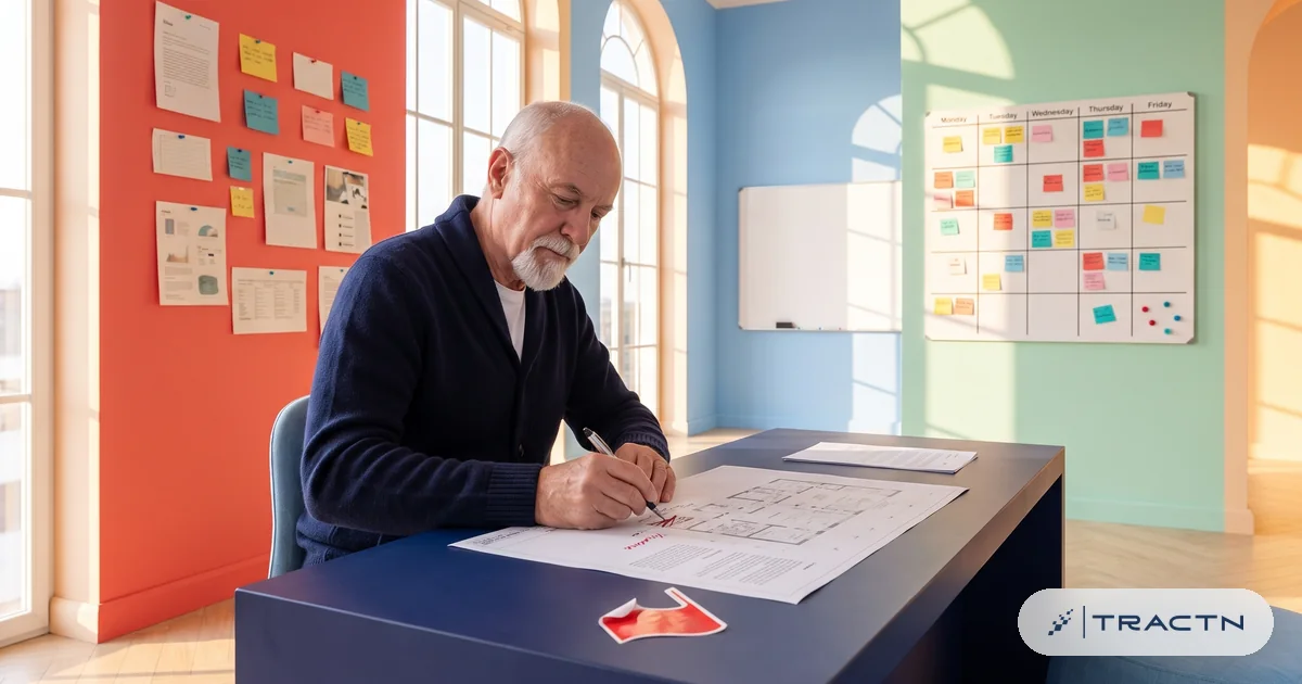 A calm editor in his sixties with a white goatee and a navy cardigan sits at the desk revising a printed plan, crossing out a weak line and writing a cleaner one