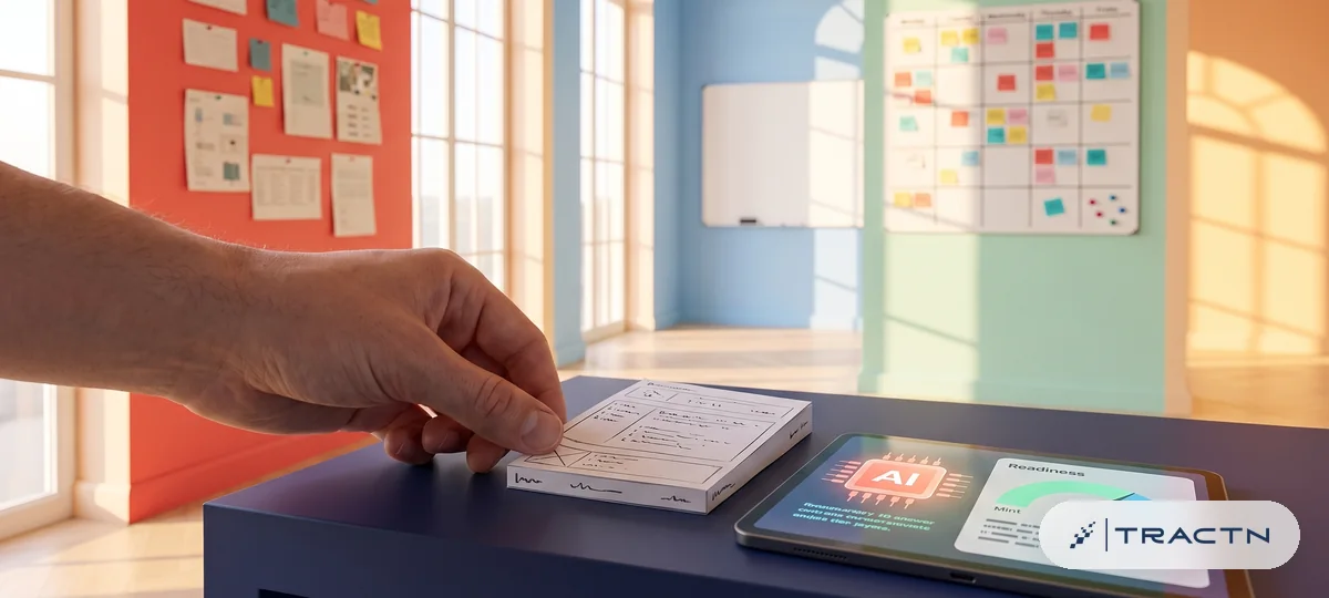 Close-up of a tablet on the desk showing an abstract AI answer card with a highlighted source chip and a readiness gauge (no readable text)