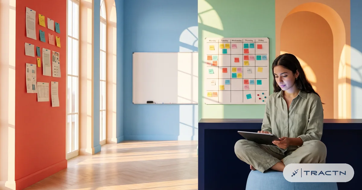 A young woman with a nose ring and a sage linen shirt sits cross-legged on the pouf typing a question into an AI assistant on a tablet, a soft glow on her face