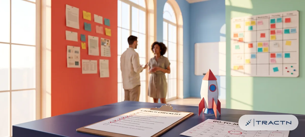 Close-up of a launch checklist clipboard on the desk with several ticked boxes, a small paper rocket model and a calendar page with one date circled - go-to-market plan