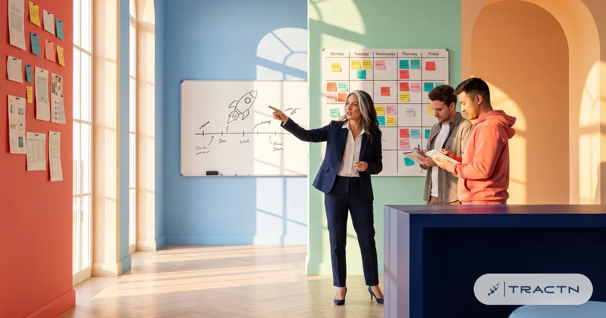 A launch team huddle: a woman in her forties with a grey streak in black hair and a navy suit leads, pointing at a launch timeline on the board with a rocket sketch
