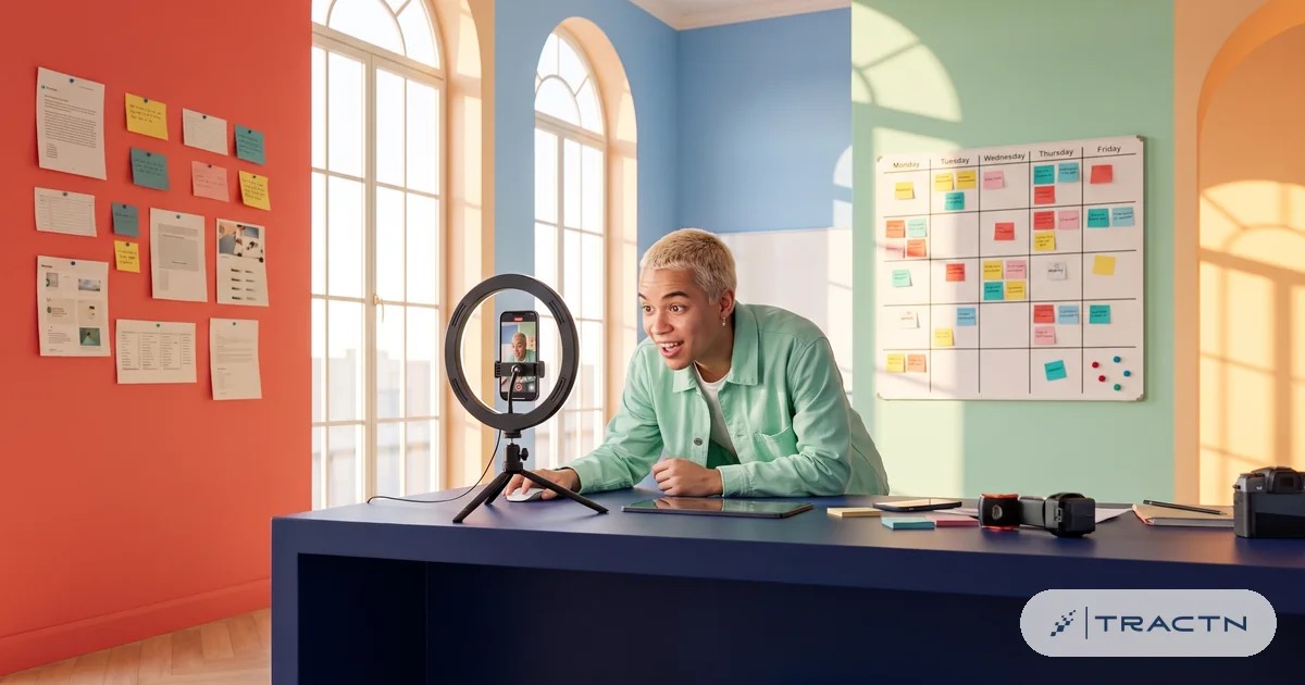 A young content creator with bleached short hair and a mint jacket films a quick video on a phone tripod at the desk, leaning in with an attention-grabbing expression
