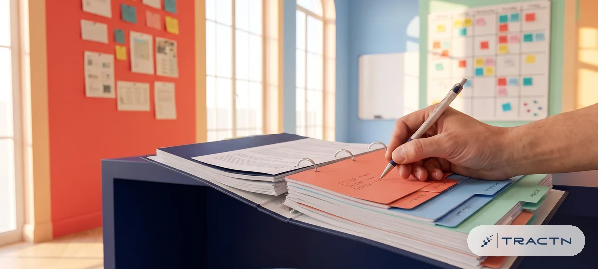 Close-up of a structured plan binder open on the desk with tabbed sections in navy, coral, sky and mint