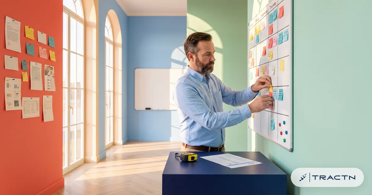 A project-minded man in his late forties with a neat beard and a sky-blue oxford shirt builds a campaign plan on the mint board in neat columns of cards