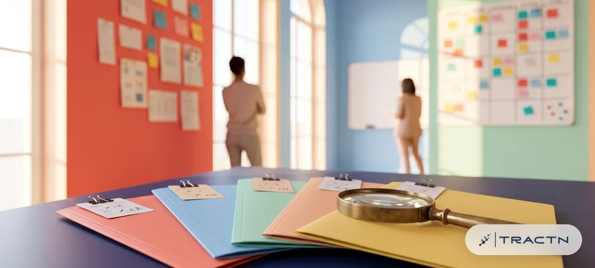 Close-up of five coloured folders fanned on the navy desk, each with one clipped insight card peeking out, a magnifying glass resting on top - five research domains