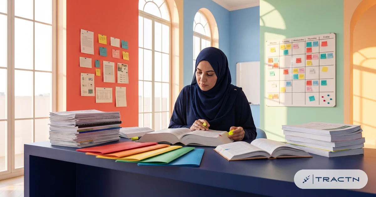 A researcher in her thirties with a hijab in deep navy sits at the desk among stacks of reports and open books, reading with a highlighter