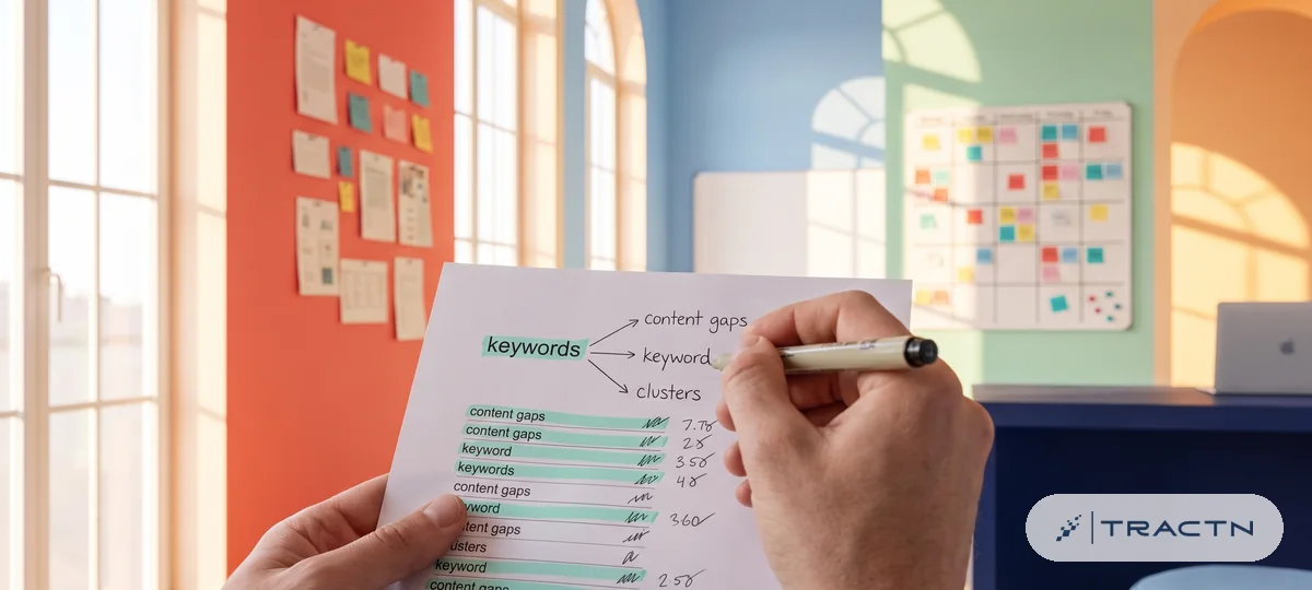 Close-up of a printed keyword list with some lines highlighted in mint and a few scribbled scores