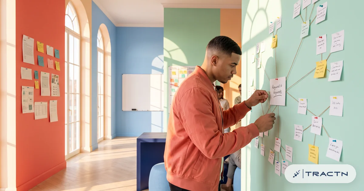 A man in his twenties with a fade and a coral bomber jacket maps keywords on the mint board as a tree of cards from a main topic card to smaller cluster cards
