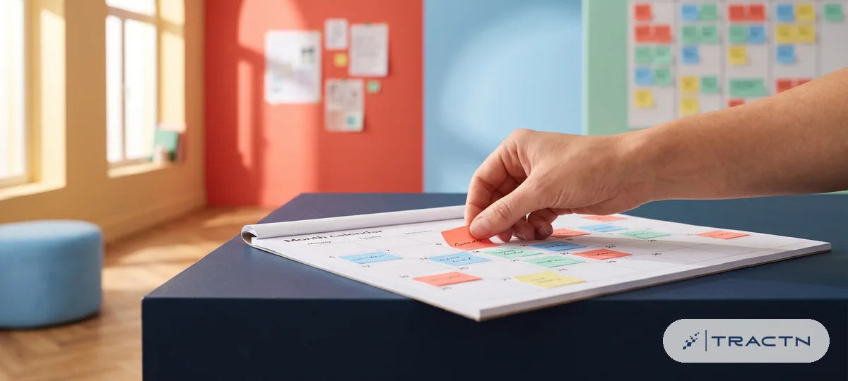 Close-up of a paper month calendar on the desk with small coloured stickers for different channels spread evenly across the days