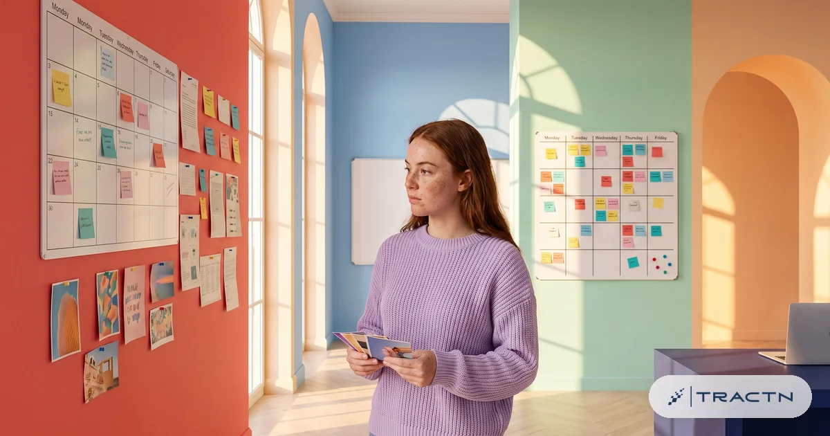 A social media manager in her twenties with freckles and a lavender sweater fills a big monthly wall calendar with colourful post cards
