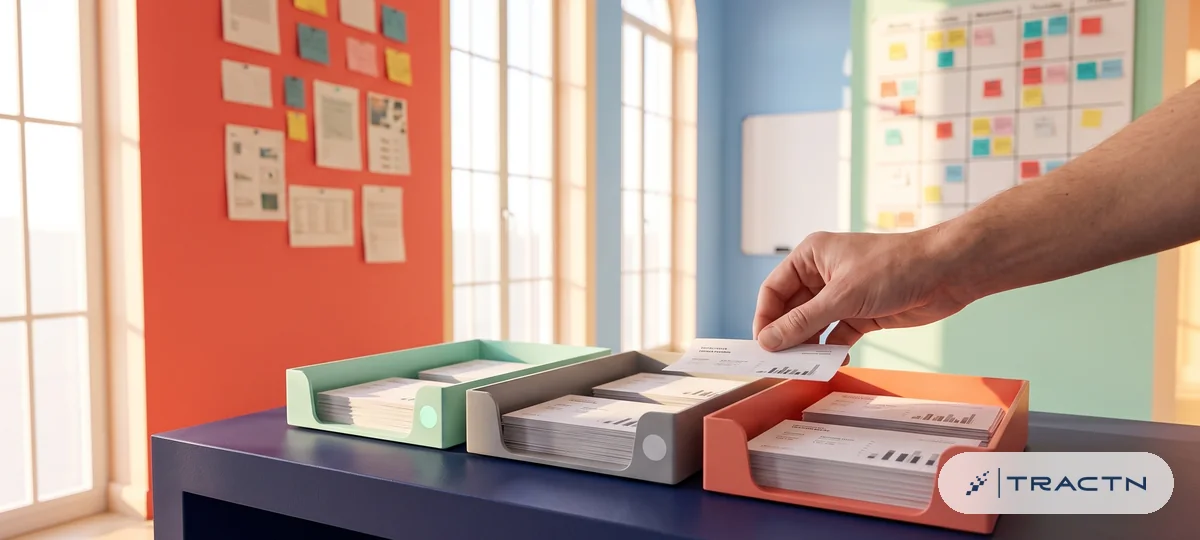 Close-up of printed social mentions sorted into three trays on the desk marked with a mint dot, a grey dot and a coral dot, a hand moving one card - sentiment