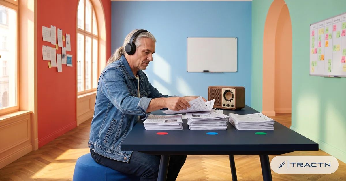 A man in his fifties with long silver hair tied back and a denim jacket sits with headphones beside a radio-style speaker, sorting printed mentions into happy