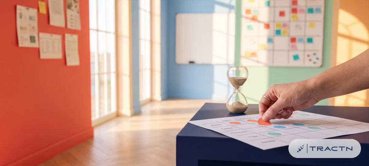 Close-up of a small hourglass and a weekly schedule grid on the desk with coloured dots on a few peak hours, a hand placing a dot at one time - best times to post