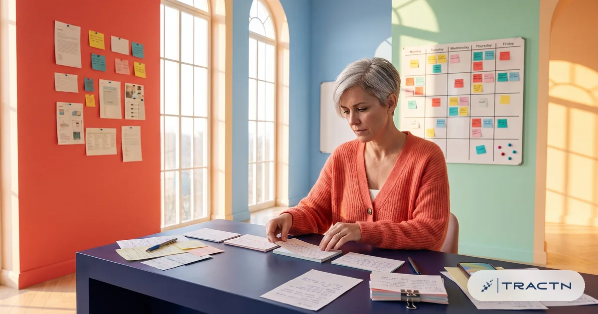 A woman in her forties with a silver pixie cut and a coral cardigan sits at the navy desk sorting a row of handwritten index cards into stages, each card a lead