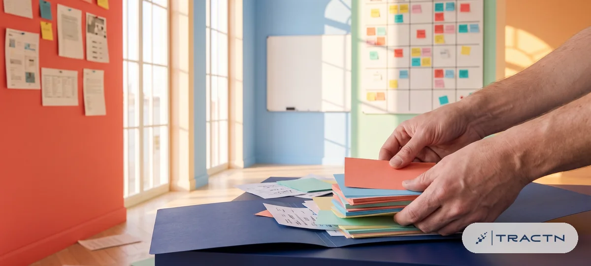 Close-up of many small coloured note cards and printouts being gathered by two hands into one neat stack inside a navy folder on the desk