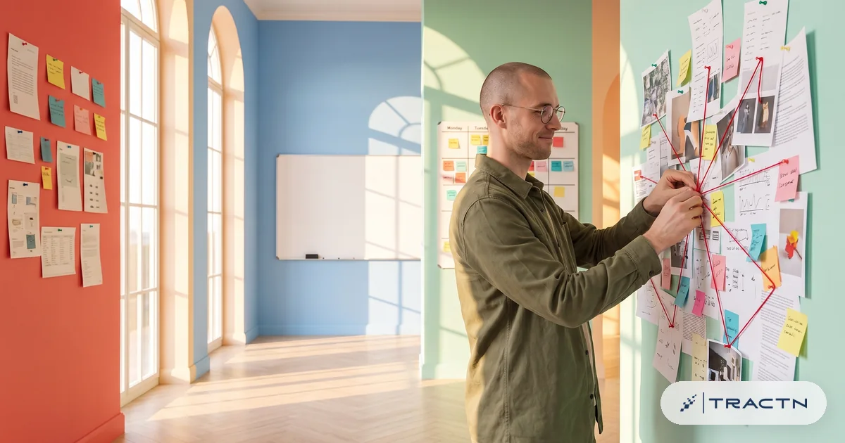 A tall man in his thirties with a shaved head and round glasses, olive overshirt, stands at the mint board pinning many scattered notes