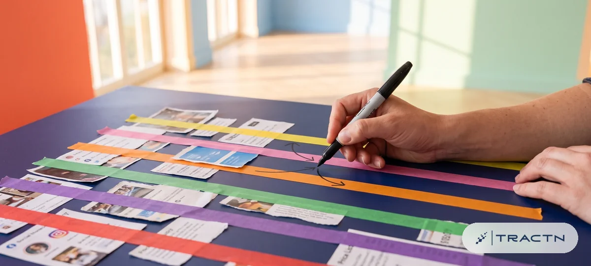Close-up of seven horizontal strips of coloured tape on the navy desk, each strip with clipped printouts of ads, pricing pages and social posts