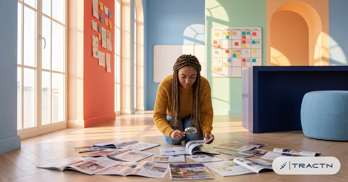 A young woman with long box braids and a mustard jumper kneels on the herringbone floor surrounded by spread-out printed ads