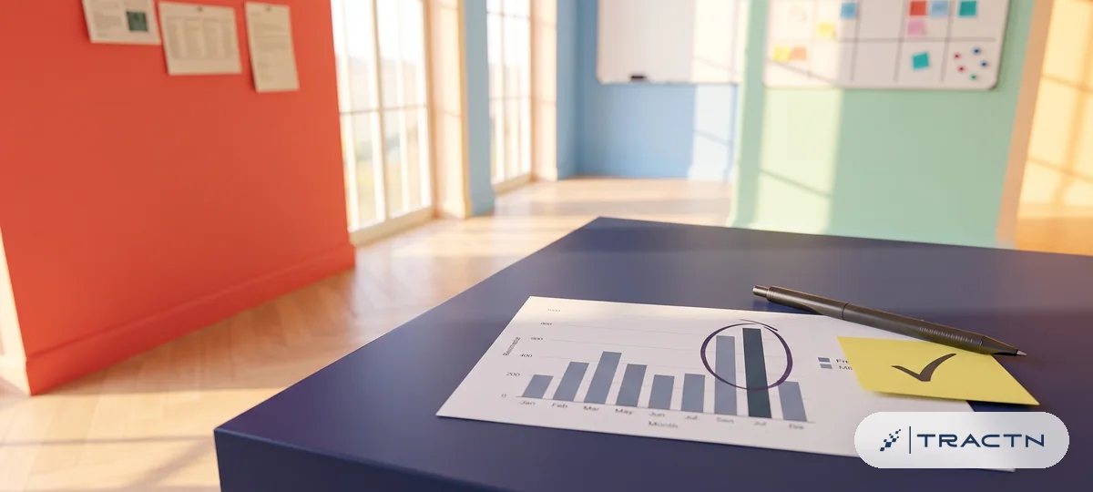Close-up of a printed bar chart on the desk with one bar circled, and a sticky note stuck beside it with a bold checkmark