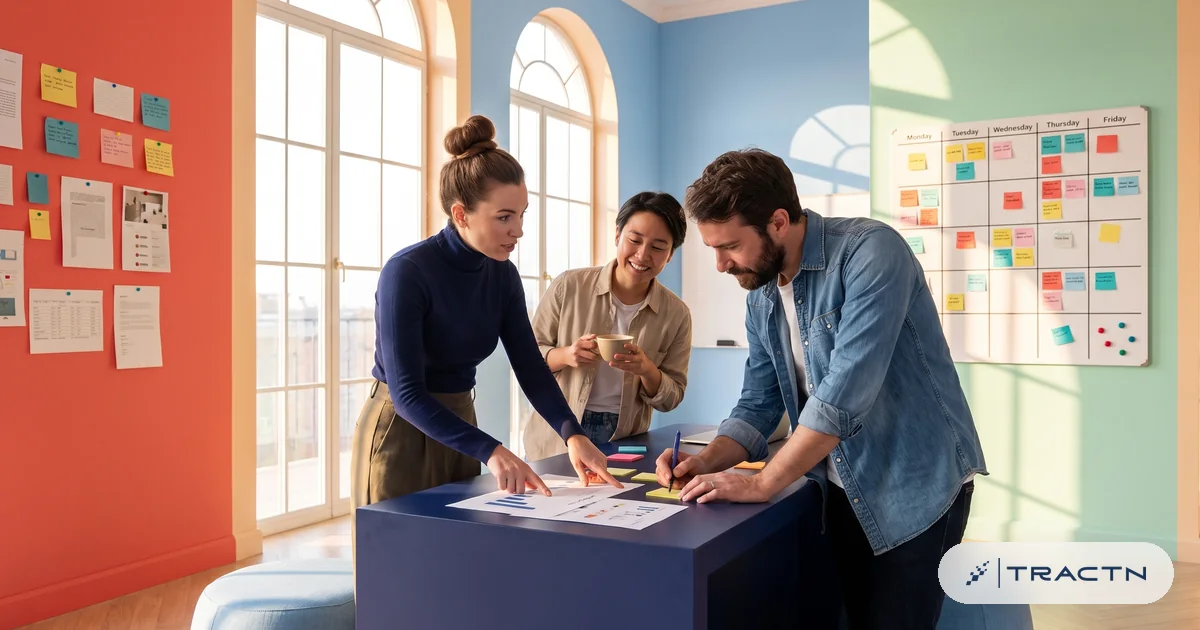 A small team in a stand-up meeting by the navy desk: a woman with a high bun in a navy turtleneck points at a printed chart while a man with a beard and a denim shirt