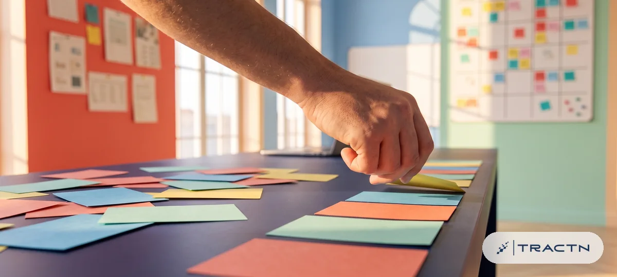 Close-up of scattered coloured cards on one side of the desk and the same cards neatly arranged in a single aligned row on the other