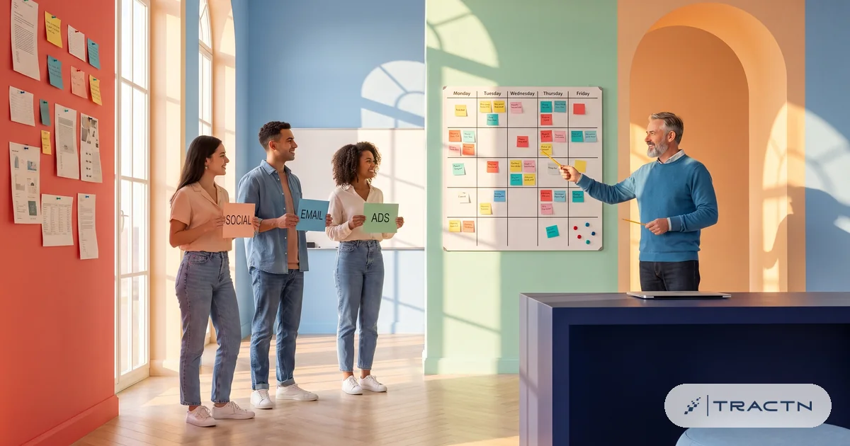 A marketing lead in his fifties with a grey beard and a cerulean sweater conducts a team like an orchestra