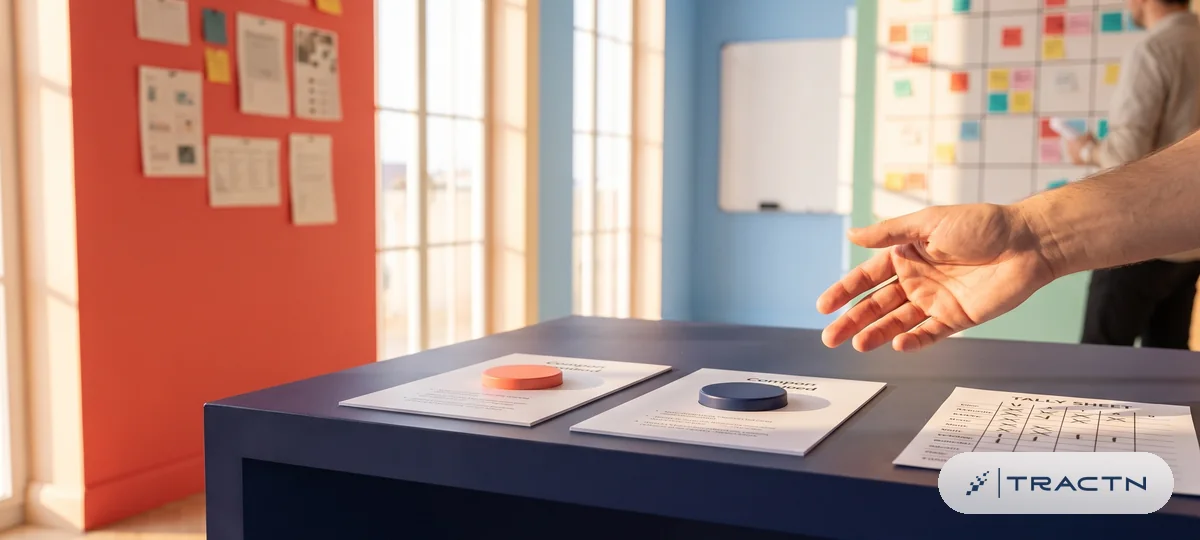 Close-up of two nearly identical printed cards on the desk, one with a coral button and one with a navy button, a small scoreboard tally beside them - comparing variants