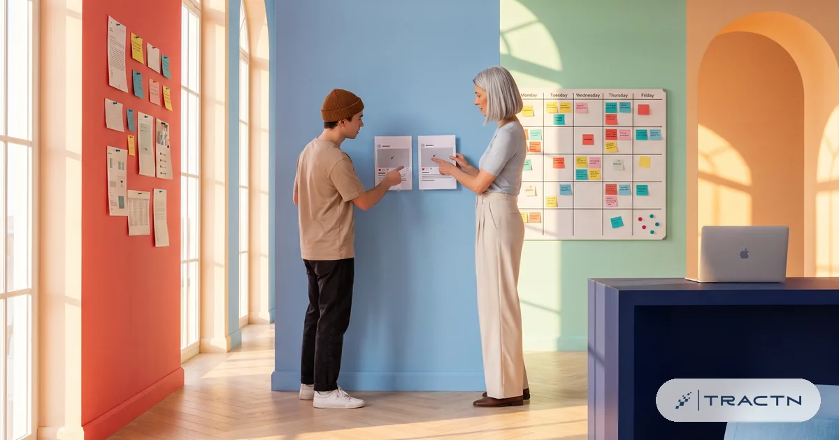 Two people compare two printed social post layouts held side by side against the sky-blue wall: a young man with a beanie and a tall woman with a silver bob