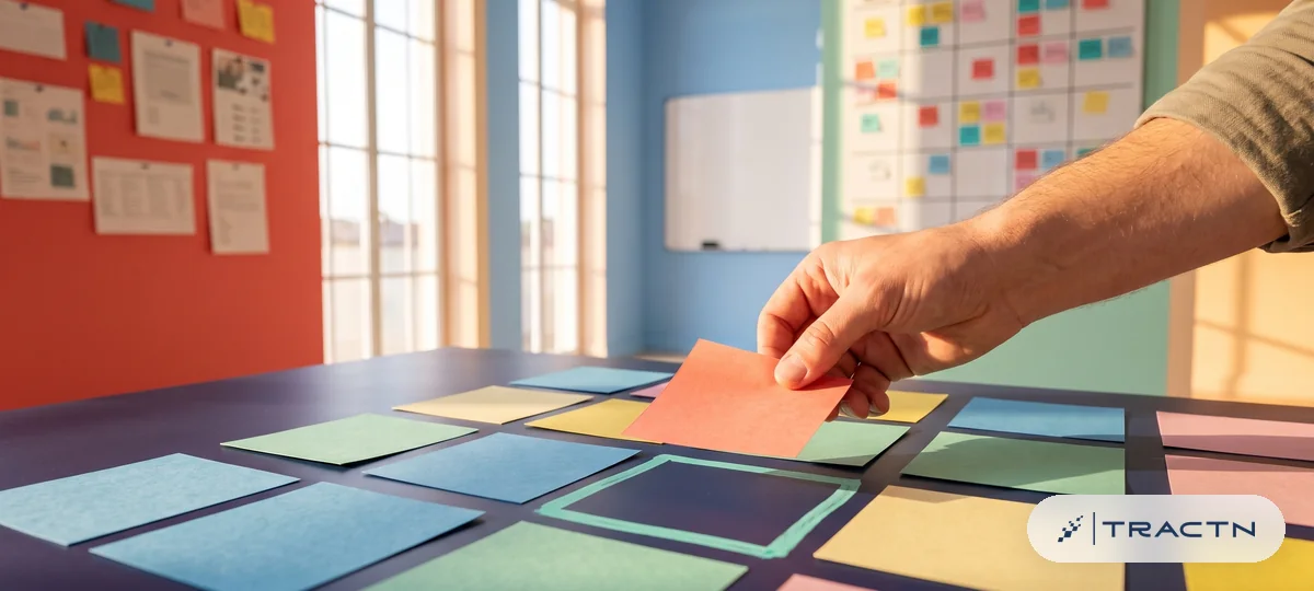 Close-up of a grid of coloured cards on the desk with one obviously empty square highlighted with a mint marker frame