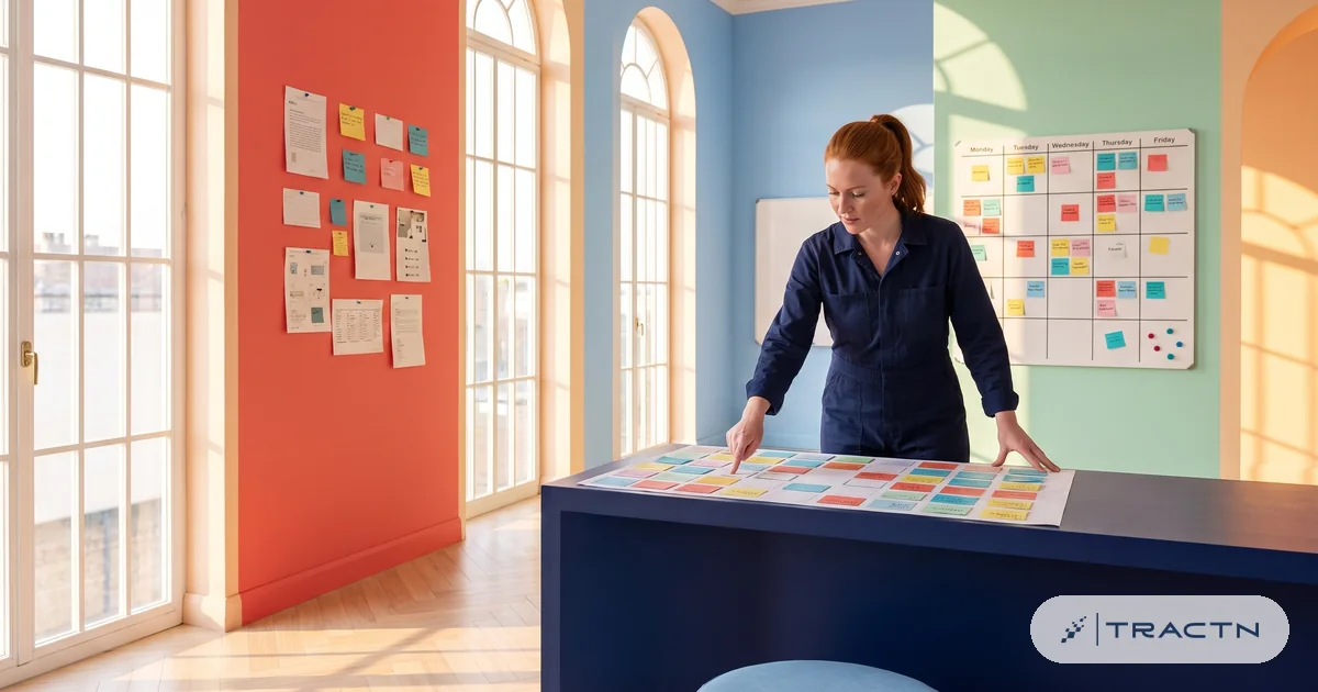 A strategist in her thirties with red hair in a ponytail and a navy jumpsuit spreads a large map-like grid of competitor cards on the desk and points to an empty square