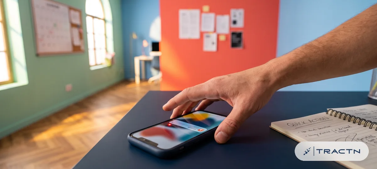 Close-up of a phone on the desk showing an abstract alert banner with a small coloured dot (no readable text), a hand reaching for it
