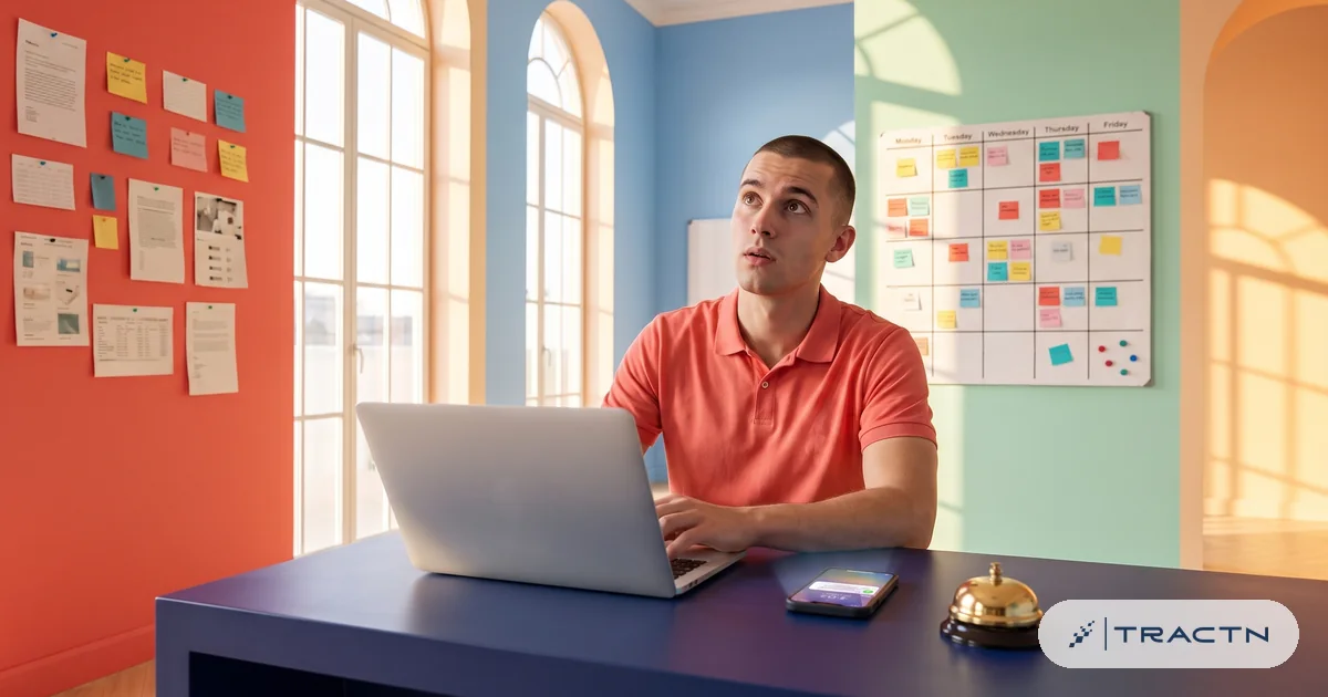 A young man with a buzz cut and a coral polo glances up from his laptop as his phone lights up with a notification on the navy desk, a small desk bell beside it