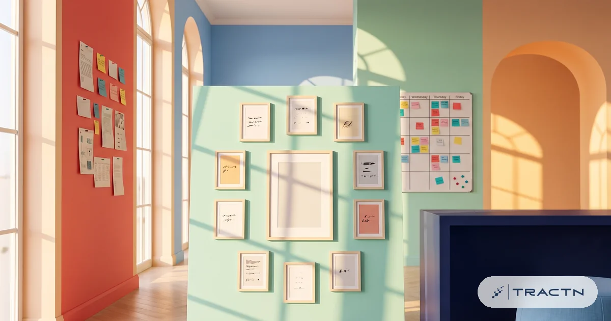 A brand lead in his sixties with a bow tie and a sky-blue blazer arranges eight framed cards on the mint board in a circle (offer, audience, voice, competitors and more)