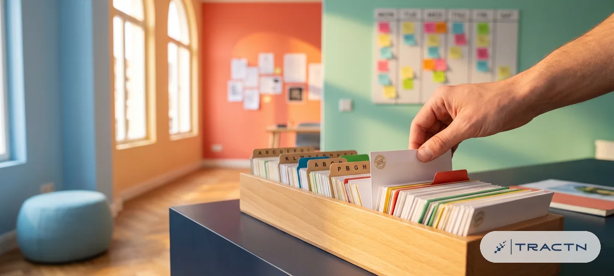 Close-up of a long card file box on the desk with alphabet tabs and coloured lead cards, a hand pulling one card with a small score sticker - organised leads