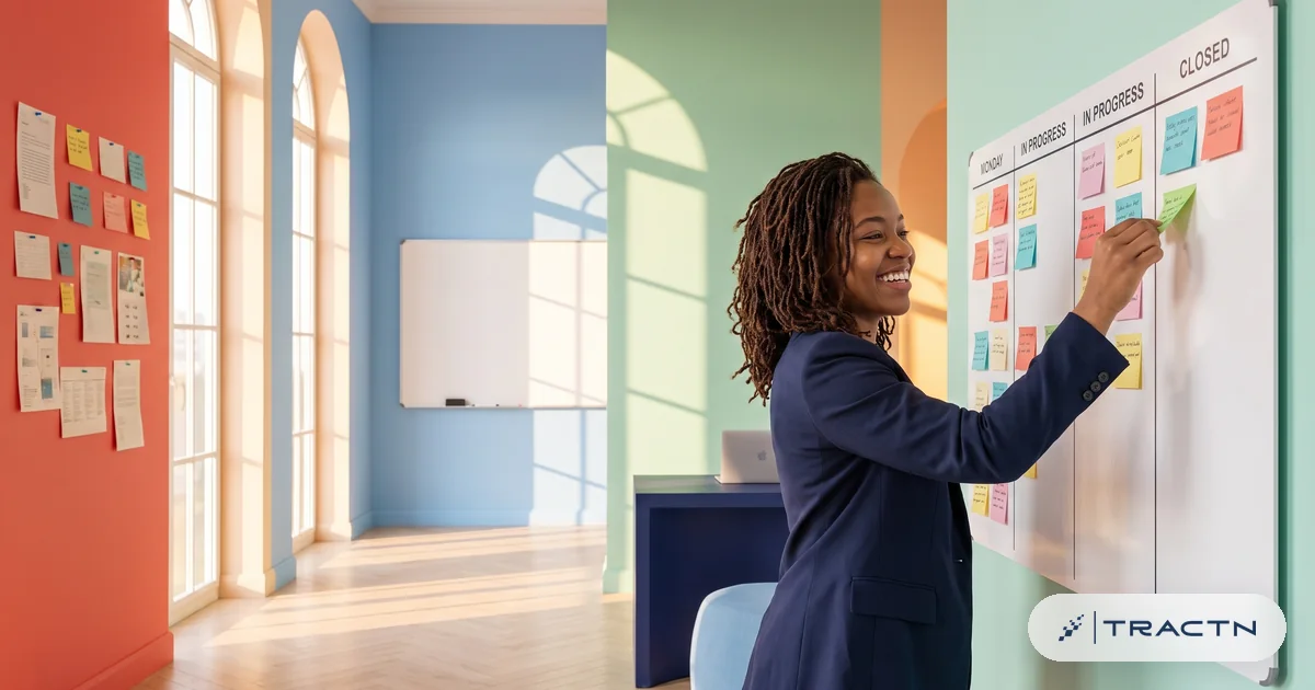 A sales-minded woman in her twenties with micro-locs and a navy blazer stands at a kanban of lead cards on the board