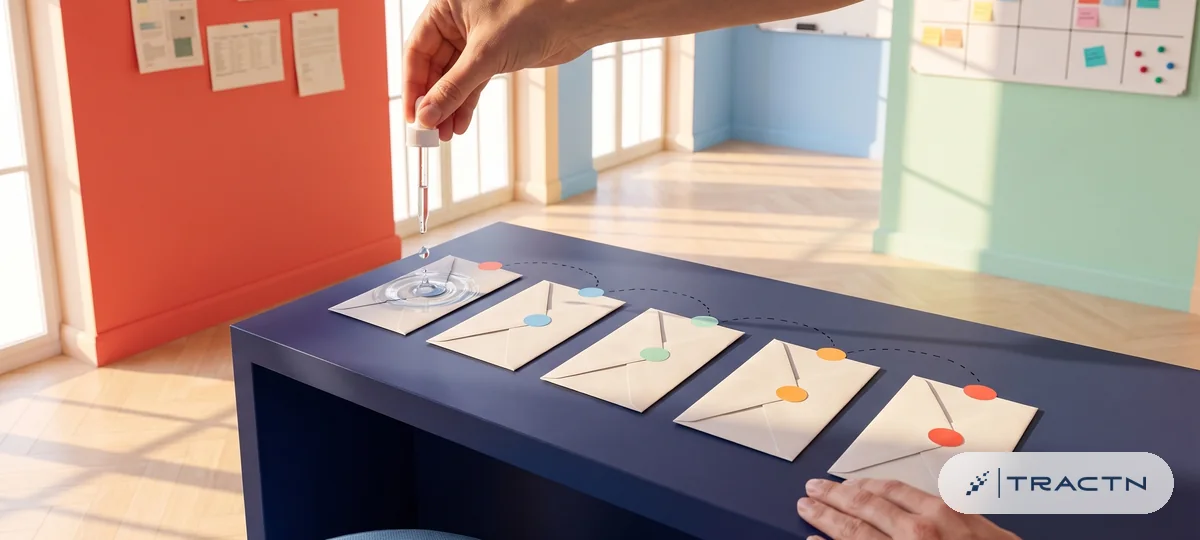 Close-up of a row of five envelopes on the desk, each with a small coloured day dot, connected by a dotted pencil line